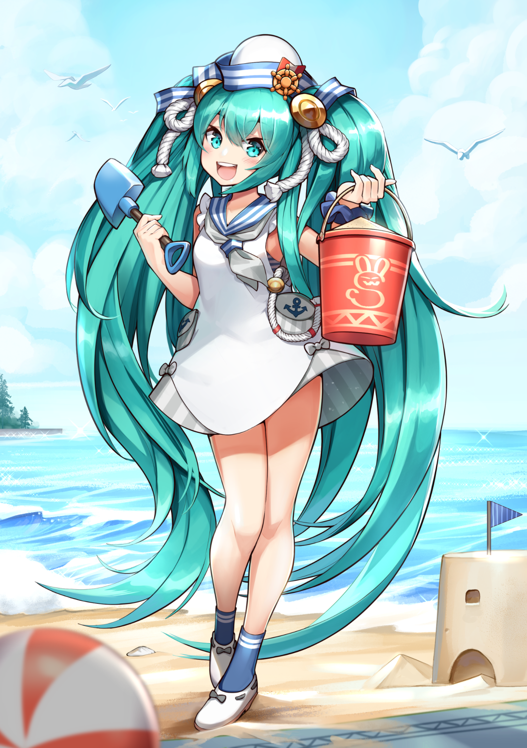 1girl anchor_print animal_print ball beach beachball bird blue_socks bucket clouds dress full_body green_eyes green_hair hair_between_eyes hat hatsune_miku highres holding legs_together long_hair looking_at_viewer low_twintails open_mouth outdoors rabbit_print rope sand sand_castle sand_sculpture seagull shovel siriuflong sky sleeveless sleeveless_dress socks solo summer taito teeth twintails upper_teeth_only very_long_hair vocaloid white_dress white_footwear