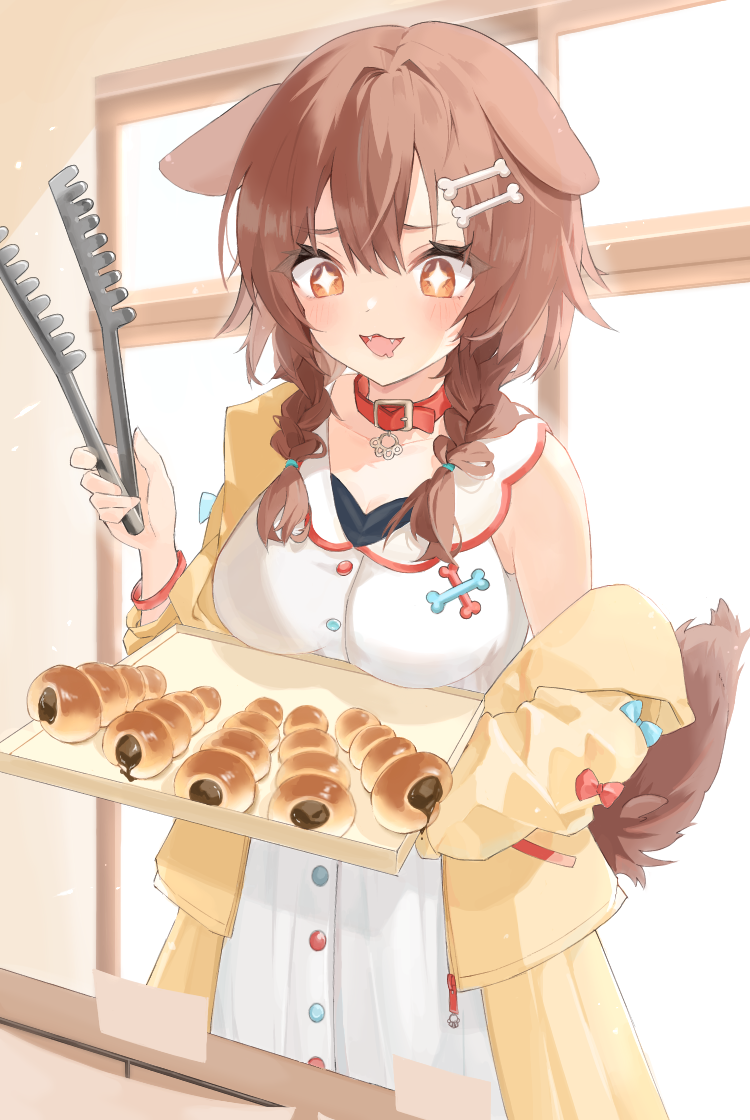1girl animal_ears braid brown_eyes brown_hair croquette dog_ears dog_girl dog_tail dress holding_tongs hololive indoors inugami_korone jacket long_hair off_shoulder open_mouth ringo_amei smile solo sparkling_eyes standing tail twin_braids virtual_youtuber white_dress