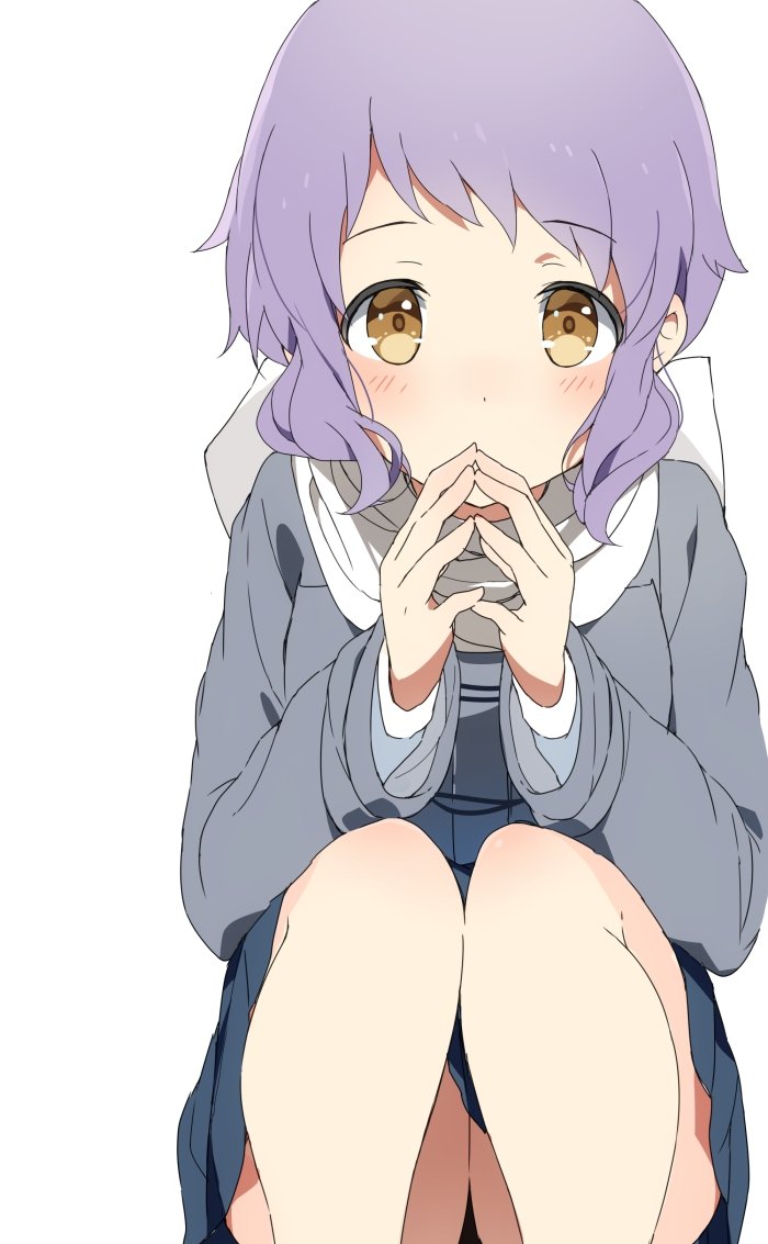 1girl blue_sky blush commentary dot_nose grey_jacket hands_up idolmaster idolmaster_million_live! jacket legs long_sleeves looking_at_viewer makabe_mizuki mochigome_(ununquadium) own_hands_together purple_hair scarf short_hair sidelocks sky solo squatting thighs wavy_hair white_background white_scarf yellow_eyes