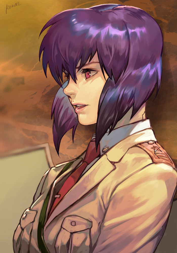 1girl brown_jacket collar ghost_in_the_shell ghost_in_the_shell_stand_alone_complex hankuri jacket kusanagi_motoko military military_uniform parted_lips purple_hair red_eyes red_tie solo uniform white_collar