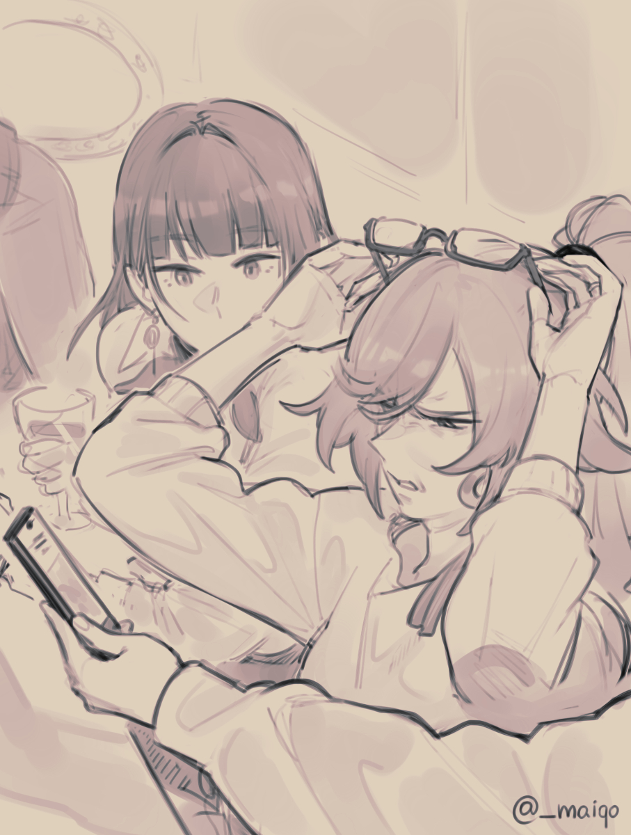 3girls adjusting_eyewear animal_ears cellphone cup drinking_glass earrings eyewear_on_head frown genshin_impact glasses highres holding holding_cup holding_phone jewelry long_hair maiqo monochrome multiple_girls phone raiden_shogun smartphone squinting wine_glass yae_miko