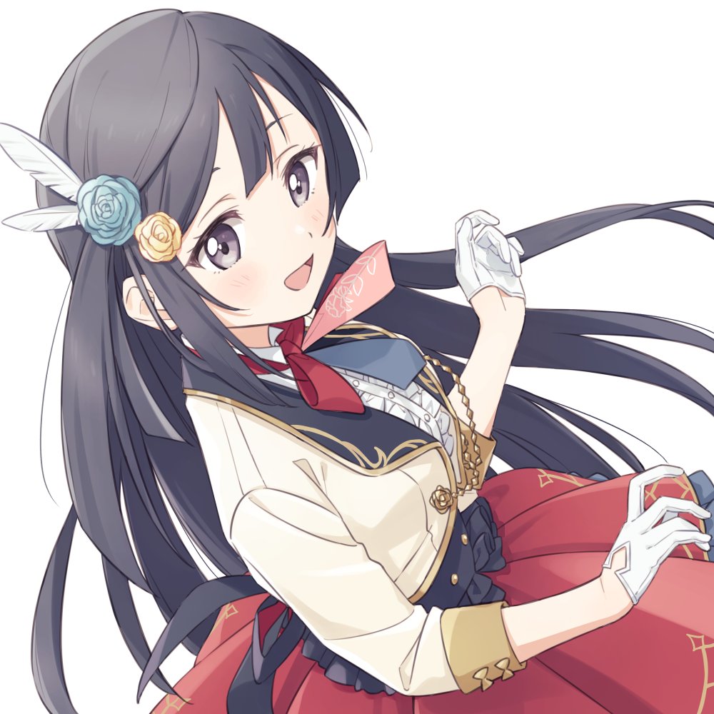 1girl afterschool_school_idol_(love_live!) black_hair blush commentary demirinz feather_hair_ornament feathers flower gloves grey_eyes hair_flower hair_ornament long_hair looking_at_viewer love_live! love_live!_nijigasaki_high_school_idol_club one_side_up sidelocks smile solo swept_bangs white_background white_gloves yuuki_setsuna_(love_live!)