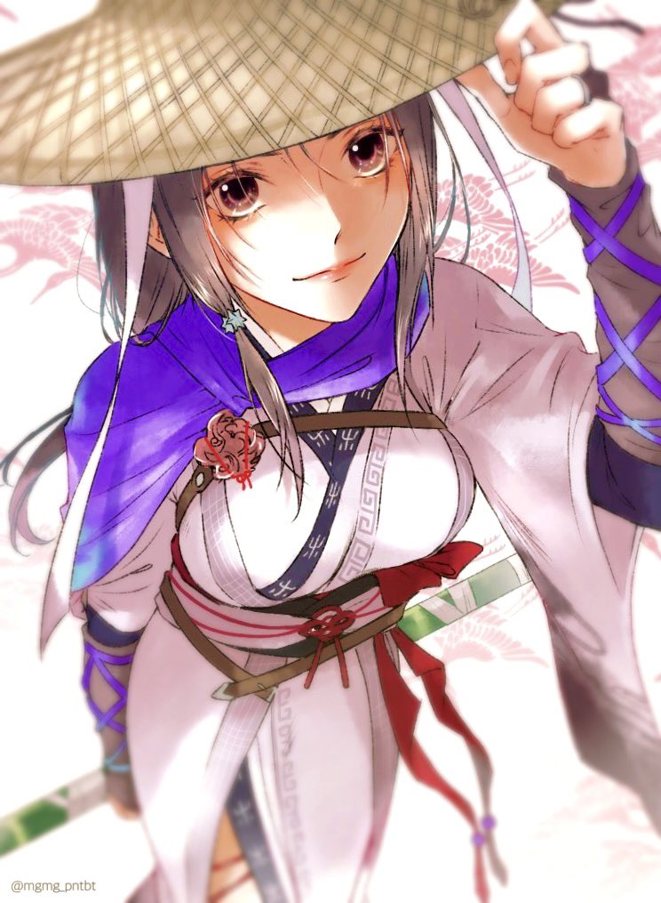 1girl asu_kun bare_legs black_hair blush breasts brown_eyes brown_hair hair_ornament hat holding holding_staff hong_jing_(wo_long) large_breasts long_hair looking_at_viewer scarf sketch smile solo staff straw_hat thighs wo_long:_fallen_dynasty zooming_in