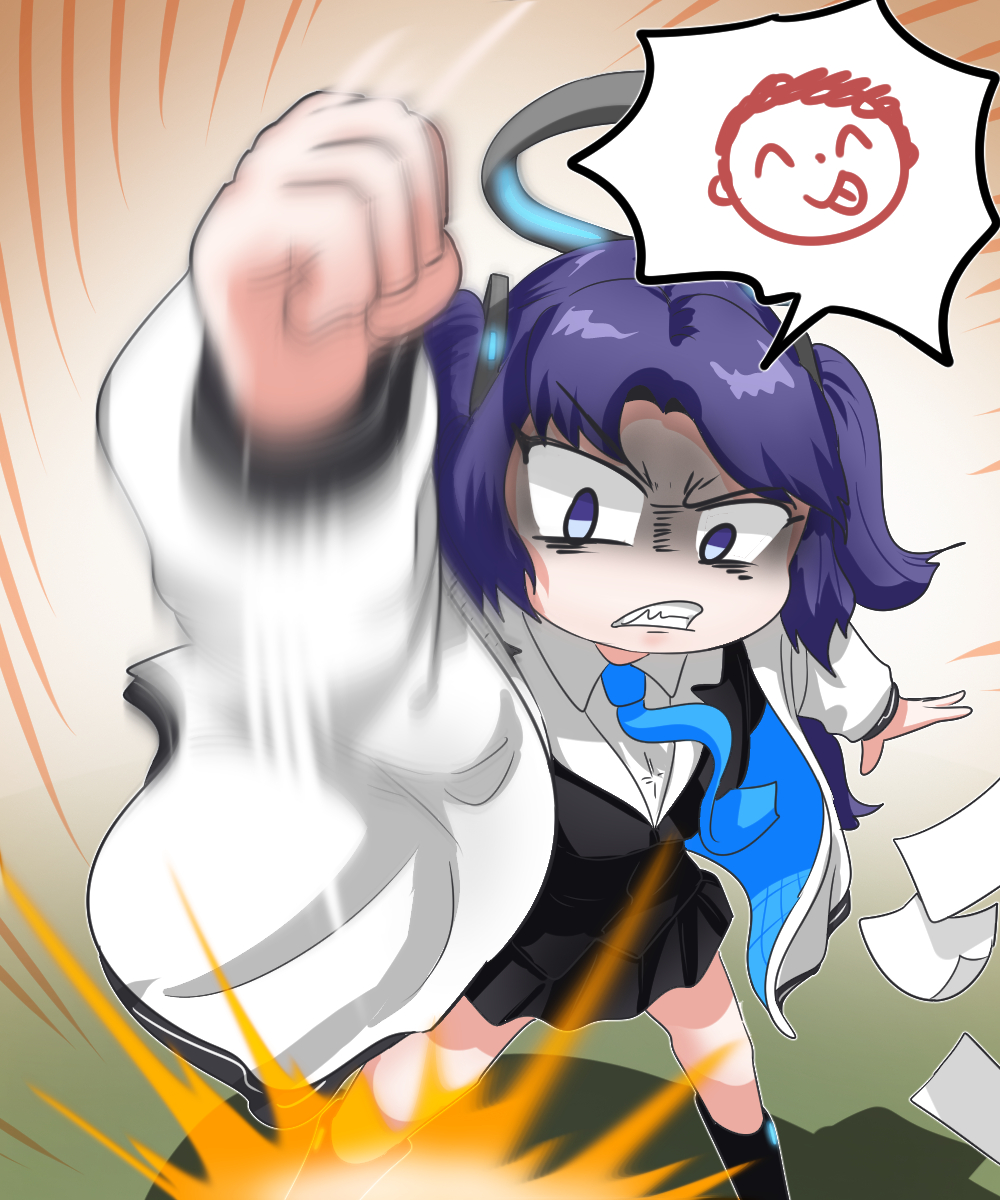 1girl angry arona's_sensei_doodle_(blue_archive) blazer blue_archive c/h cameo collared_shirt english_commentary furious halo highres hooded_coat jacket kneehighs knocking korean_commentary long_hair long_sleeves mixed-language_commentary motion_blur necktie parted_bangs pleated_skirt purple_hair school_uniform sensei_(blue_archive) shirt sidelocks skirt socks solo spoken_character two_side_up violet_eyes yuuka_(blue_archive)