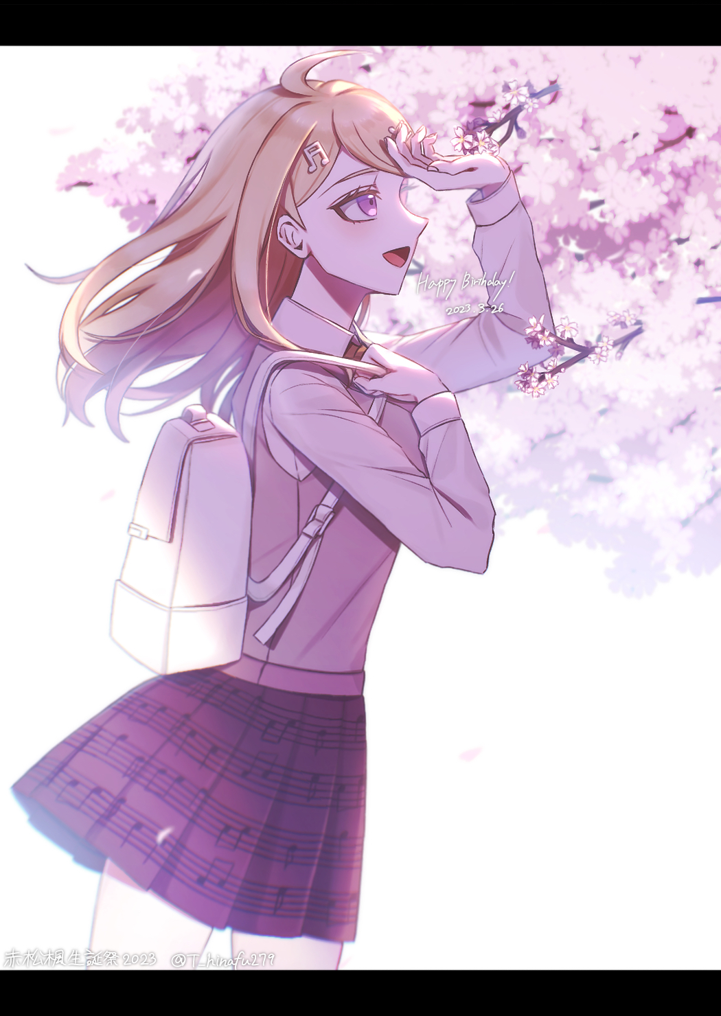 1girl ahoge akamatsu_kaede backpack bag beamed_eighth_notes blonde_hair breasts danganronpa_(series) danganronpa_v3:_killing_harmony hair_ornament highres long_hair long_sleeves musical_note musical_note_hair_ornament musical_note_print nana_hiyo open_mouth pink_sweater_vest pleated_skirt randoseru shirt skirt smile solo sweater_vest white_shirt