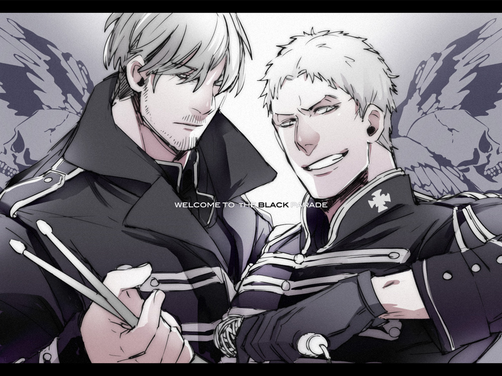 2boys alternate_costume alternate_universe beard blonde_hair drumsticks facial_hair grin hair_over_eyes holding holding_microphone kyosuke looking_at_viewer male_focus mature_male microphone mike_zakarius multiple_boys mustache reiner_braun shingeki_no_kyojin short_hair smile upper_body