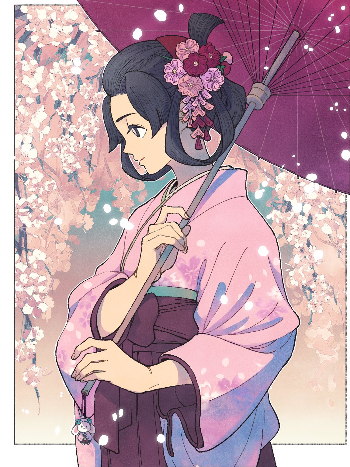 1girl ace_attorney bangs_pinned_back black_eyes black_hair character_doll cherry_blossoms closed_mouth floral_print flower from_side hair_flower hair_ornament hair_rings hakama hakama_skirt highres holding holding_umbrella japanese_clothes keychain kimono long_sleeves oil-paper_umbrella pink_flower pink_kimono profile red_skirt sash shino_(shino_dgs) short_hair skirt smile solo standing susato_mikotoba the_great_ace_attorney umbrella updo wide_sleeves