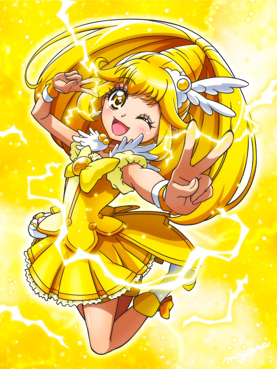 1girl blonde_hair blush boots bow choker cure_peace double_v full_body hair_flaps highres kise_yayoi long_hair magical_girl mayena official_style one_eye_closed open_mouth ponytail precure puffy_short_sleeves puffy_sleeves short_sleeves skirt smile smile_precure! solo tiara v wide_ponytail wing_hair_ornament wrist_cuffs yellow_bow yellow_eyes yellow_skirt yellow_theme