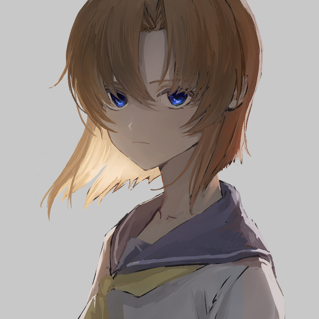 1girl blue_eyes blue_sailor_collar closed_mouth grey_background hair_between_eyes higurashi_no_naku_koro_ni nasu_(nasuotabe) neckerchief orange_hair portrait ryuuguu_rena sailor_collar school_uniform serafuku short_hair simple_background solo yellow_neckerchief