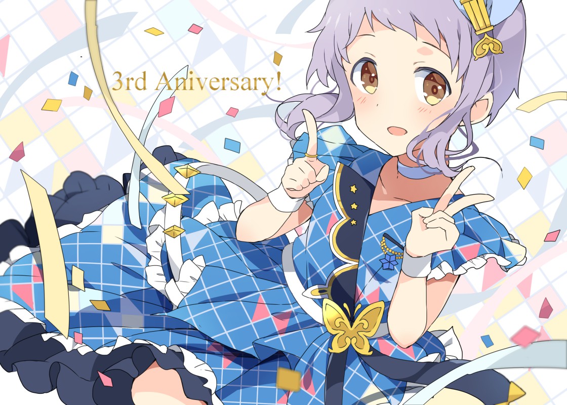 1girl anniversary blue_dress blush checkered_clothes checkered_dress choker collarbone commentary_request confetti dress frilled_dress frills hair_ornament hands_up idolmaster idolmaster_million_live! index_finger_raised looking_at_viewer makabe_mizuki mochigome_(ununquadium) open_mouth purple_hair short_hair short_sleeves sidelocks simple_background smile solo v wavy_hair white_choker wristband yellow_eyes