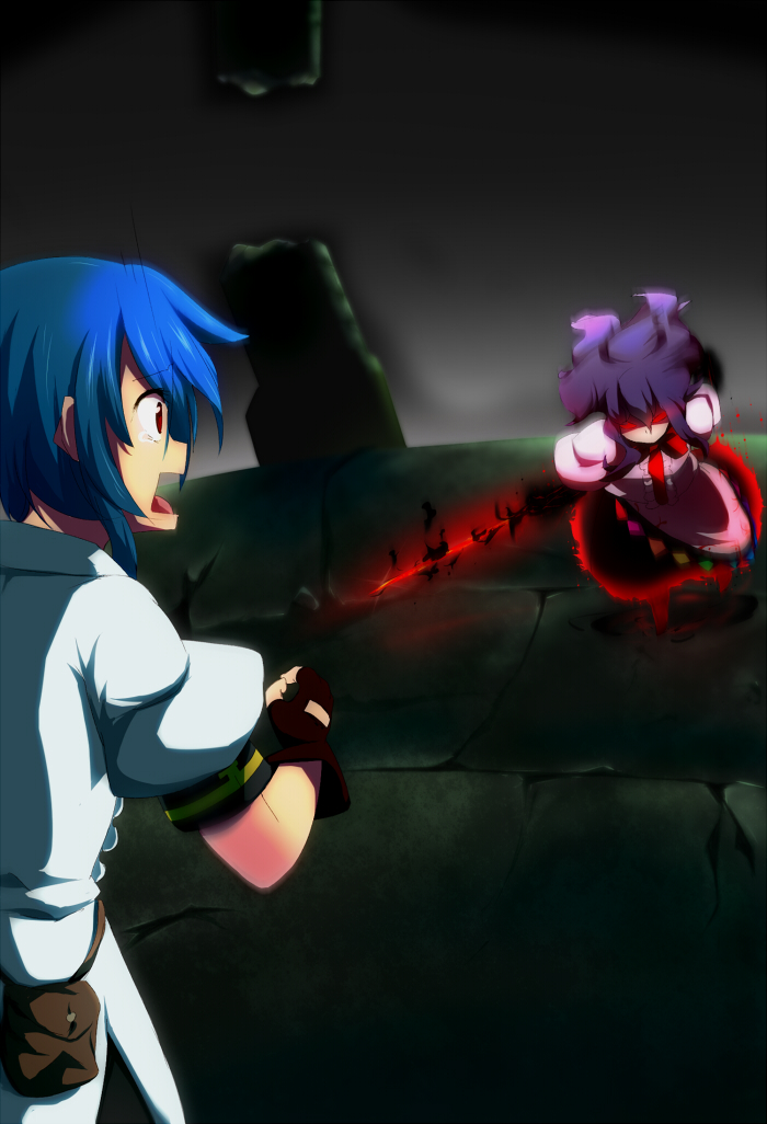 2girls black_gloves blue_hair colored_sclera commentary_request dark_persona dual_persona fingerless_gloves gloves glowing glowing_eyes hinanawi_tenshi looking_at_another multiple_girls open_mouth pouch puffy_short_sleeves puffy_sleeves purple_hair red_eyes red_sclera scared shaded_face shirt short_hair short_sleeves tearing_up tenco's_story touhou white_shirt yocchi_(tenyunkel)
