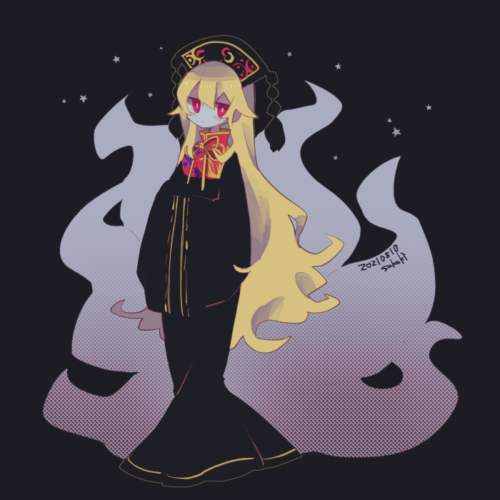 1girl artist_name black_background black_dress black_headwear blonde_hair bright_pupils cosmicmind dated dress energy full_body hands_in_opposite_sleeves junko_(touhou) long_hair long_sleeves looking_at_viewer one-hour_drawing_challenge red_eyes simple_background solo star_(symbol) tassel touhou very_long_hair wide_sleeves