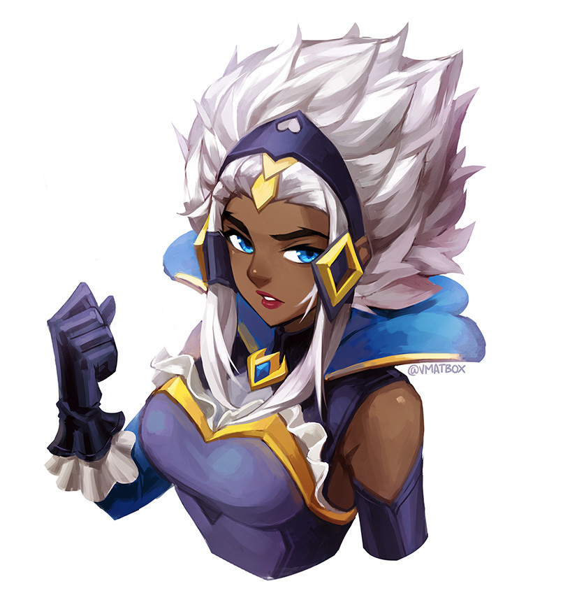 1girl artist_name battle_queen_rell blue_eyes breasts clenched_hand cropped_torso dark-skinned_female dark_skin gloves hairstyle_request headpiece league_of_legends lipstick looking_at_viewer makeup medium_breasts rell_(league_of_legends) sidelocks simple_background solo vmat white_background white_hair