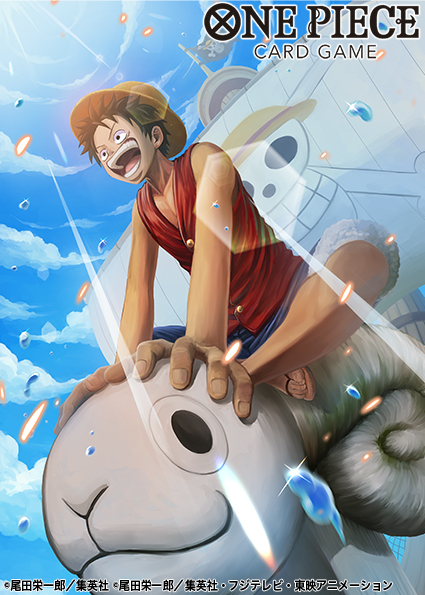 1boy black_eyes black_hair blue_sky clouds cloudy_sky copyright_name english_text going_merry hat holding male_focus monkey_d._luffy official_art one_piece scar short_hair shorts sitting sky sleeveless slippers smile solo straw_hat straw_hat_pirates straw_hats_jolly_roger studio_viga sunlight water_drop