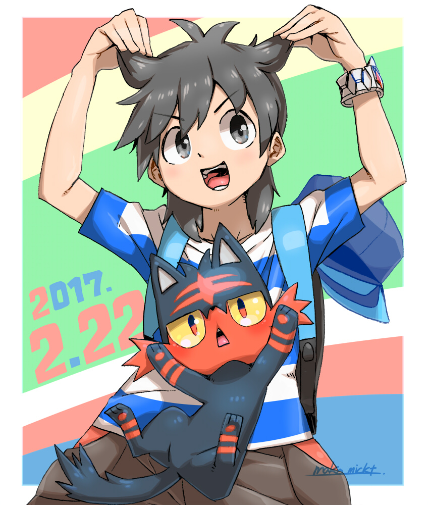 1boy antenna_hair backpack bag baseball_cap cat_day chestnut_mouth dated elio_(pokemon) grey_eyes grey_hair hair_ears hands_up hat hat_removed headwear_removed litten makoto_ikemu medium_hair open_mouth pants pokemon pokemon_(creature) pokemon_(game) pokemon_sm shirt short_sleeves signature striped striped_shirt v-shaped_eyebrows z-ring