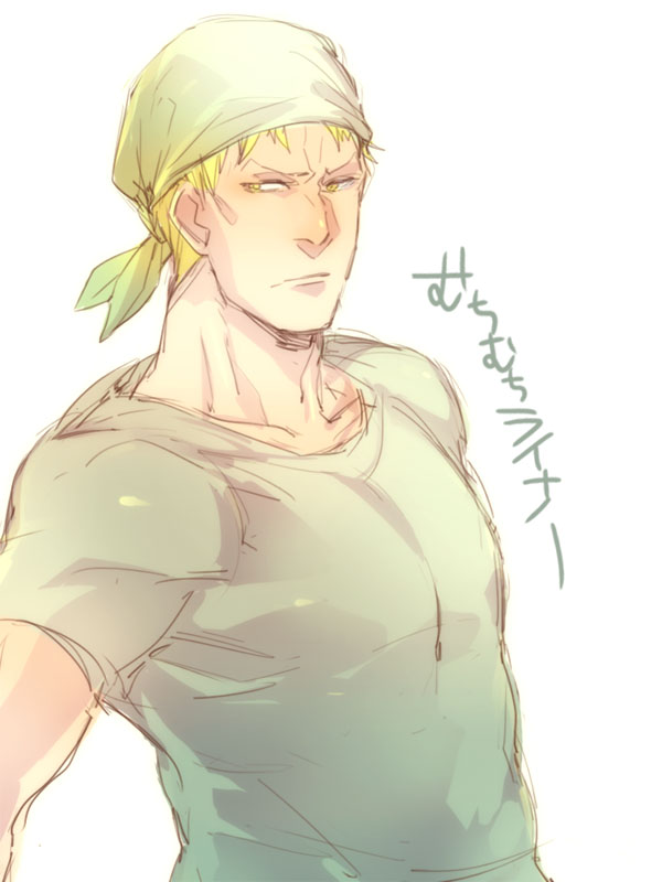 1boy alternate_costume bandana blonde_hair blush green_shirt kyosuke looking_at_another male_focus nose_blush pectorals reiner_braun shingeki_no_kyojin shirt short_hair sketch solo toned toned_male translation_request upper_body