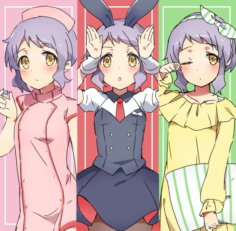 animal_ears black_corset black_pantyhose black_skirt blush buttons commentary_request corset dot_nose dress expressionless flat_chest green_background hair_ribbon hand_up hands_up hat holding holding_pillow idolmaster idolmaster_million_live! long_sleeves looking_at_viewer makabe_mizuki mochigome_(ununquadium) multiple_views necktie nurse nurse_cap one_eye_closed pajamas pantyhose parted_lips pillow pink_background pink_dress purple_hair rabbit_ears rabbit_pose red_background red_necktie ribbon rubbing_eyes shirt short_hair short_sleeves sidelocks skirt v-shaped_eyebrows wavy_hair white_shirt wrist_cuffs yellow_eyes yellow_pajamas