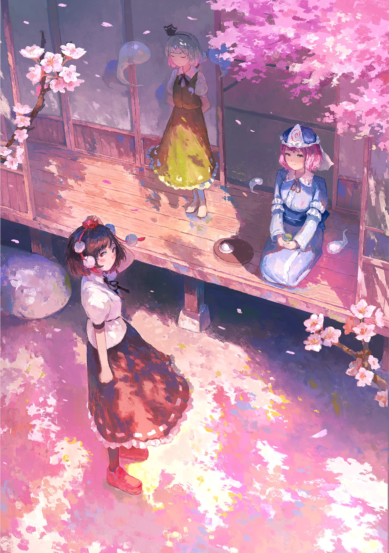 3girls black_hair black_hairband black_ribbon black_skirt blue_headwear blue_kimono blush cherry_blossoms closed_mouth collared_shirt fjsmu frilled_kimono frills green_skirt green_vest grey_hair hair_ribbon hairband hat highres hitodama japanese_clothes kimono konpaku_youmu konpaku_youmu_(ghost) long_sleeves mob_cap multiple_girls outdoors pink_eyes pink_hair pom_pom_(clothes) red_eyes red_footwear red_headwear ribbon saigyouji_yuyuko shameimaru_aya shirt shoes short_hair short_sleeves sitting skirt smile standing tatami tokin_hat touhou triangular_headpiece veranda vest white_shirt wide_sleeves