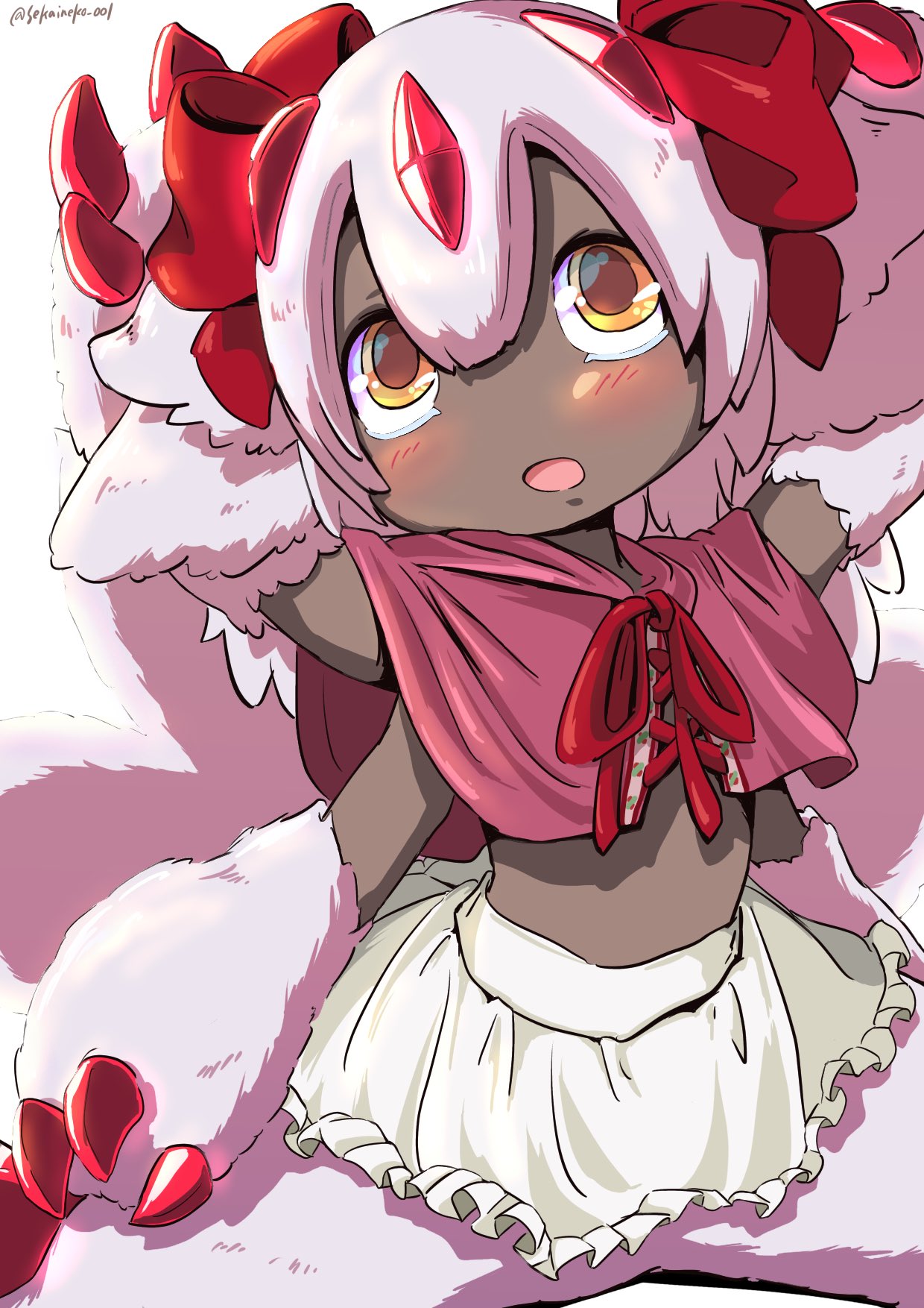 1girl animal_ear_fluff animal_ears arms_up blush body_fur bow brown_eyes capelet claws dark-skinned_female dark_skin extra_arms faputa hair_bow highres made_in_abyss miniskirt multiple_tails open_mouth red_capelet ribbon sekaineko_001 short_hair sitting skirt solo spread_legs tail white_hair white_skirt