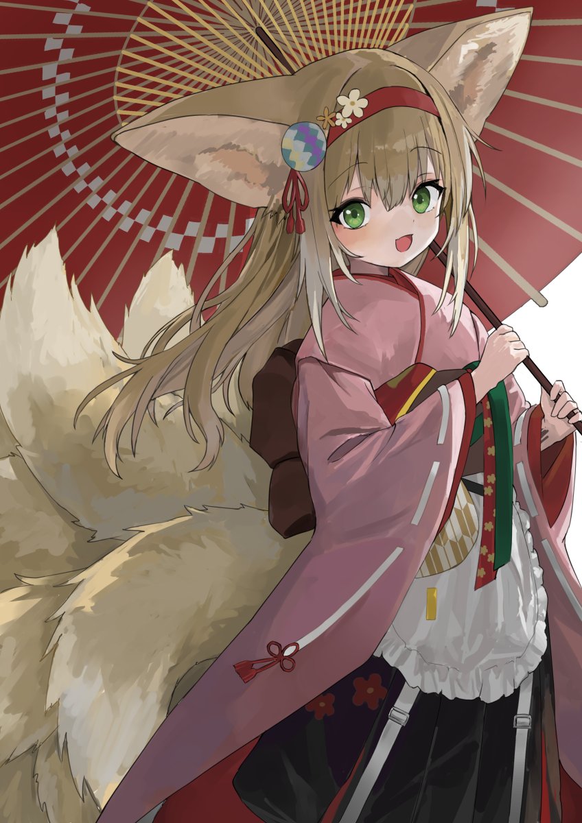 1girl :d animal_ears apron arknights black_hakama blonde_hair blush commentary_request fang feet_out_of_frame floral_print flower fox_ears fox_girl fox_tail frilled_apron frills green_eyes hair_between_eyes hair_flower hair_ornament hairband hakama hakama_skirt hands_up highres holding holding_umbrella japanese_clothes kimono kitsune kyuubi long_hair long_sleeves looking_at_viewer multiple_tails obi official_alternate_costume oil-paper_umbrella open_mouth pink_kimono pleated_skirt red_hairband red_umbrella sash sidelocks skin_fang skirt smile solo standing suzuran_(arknights) suzuran_(yukibare)_(arknights) tail tassel tassel_hair_ornament umbrella waichi waist_apron white_apron wide_sleeves yagasuri