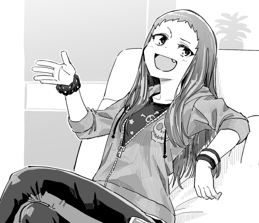 1girl crossed_legs fang forehead greyscale idolmaster idolmaster_cinderella_girls jacket koseki_reina long_hair monochrome okachi pants scrunchie skull_and_crossbones sweatband track_jacket track_pants wrist_scrunchie wristband