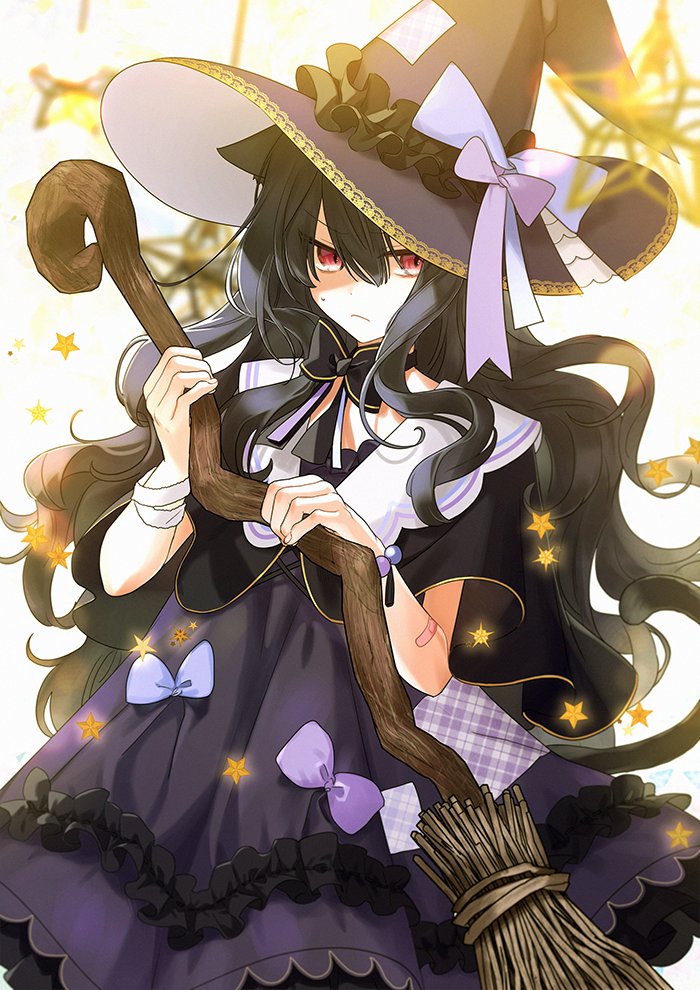 1girl 1p_ino angry bandaged_arm bandages bandaid bandaid_on_arm black_bow black_bowtie black_capelet black_dress black_hair bow bowtie broom capelet character_request copyright_request dress embarrassed hair_between_eyes hat hat_bow holding holding_broom long_hair looking_at_viewer messy_hair red_eyes sailor_collar solo sweatdrop v-shaped_eyebrows very_long_hair wavy_hair white_sailor_collar witch witch_hat