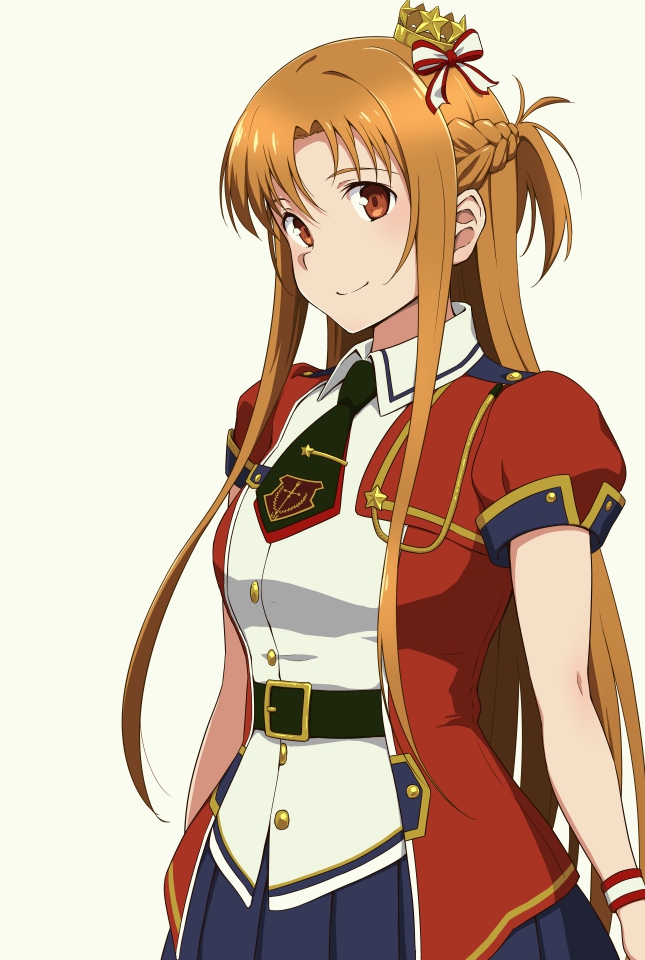 1girl asuna_(sao) belt braid breasts brown_belt brown_eyes brown_hair collared_shirt jacket long_hair medium_breasts necktie open_clothes open_jacket parted_bangs pleated_skirt puffy_short_sleeves puffy_sleeves puge red_jacket red_necktie shirt short_necktie short_sleeves simple_background skirt smile solo sword_art_online tie_clip white_background white_shirt