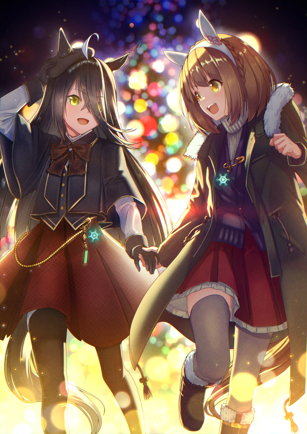 2girls ahoge alternate_costume animal_ears black_coat black_footwear black_gloves black_hair black_headwear black_jacket black_pantyhose black_vest blurry blurry_background bokeh boots bow bowtie braid brown_hair christmas coat crown_braid depth_of_field ear_covers eye_contact gloves grey_sweater grey_thighhighs hairband hand_on_hip hat highres holding_hands horse_ears horse_girl horse_tail jacket long_hair long_sleeves looking_at_another manhattan_cafe_(umamusume) multicolored_hair multiple_girls open_clothes open_coat open_mouth pantyhose red_skirt safety_pin shirt short_hair skirt smile streaked_hair sweater tail thigh-highs tks_(526tks) turtleneck turtleneck_sweater umamusume vest walking white_shirt yellow_eyes yukino_bijin_(umamusume)