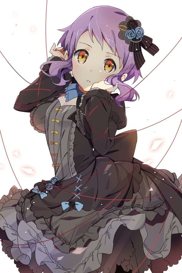 1girl black_dress black_ribbon commentary_request cowboy_shot cross-laced_clothes cross-laced_dress dress expressionless flat_chest hair_ribbon hands_up idolmaster idolmaster_million_live! idolmaster_million_live!_theater_days juliet_sleeves layered_dress long_sleeves looking_at_viewer makabe_mizuki mochigome_(ununquadium) parted_lips puffy_sleeves purple_hair restrained ribbon short_hair sidelocks solo string wavy_hair white_background yellow_eyes