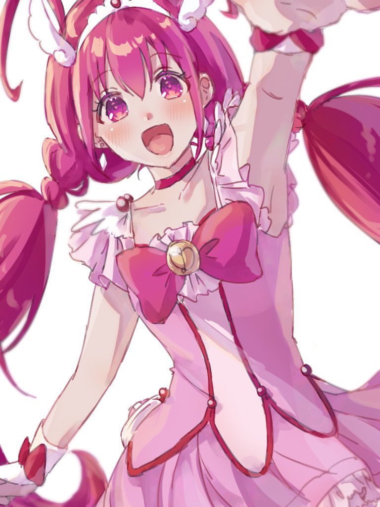 1girl armpits blush choker cure_happy cure_happy_pose earrings hoshizora_miyuki jewelry long_hair magical_girl mechi_(m_echii) open_mouth pink_choker pink_eyes pink_hair pink_skirt precure skirt smile smile_precure! solo tiara twintails wing_hair_ornament wrist_cuffs