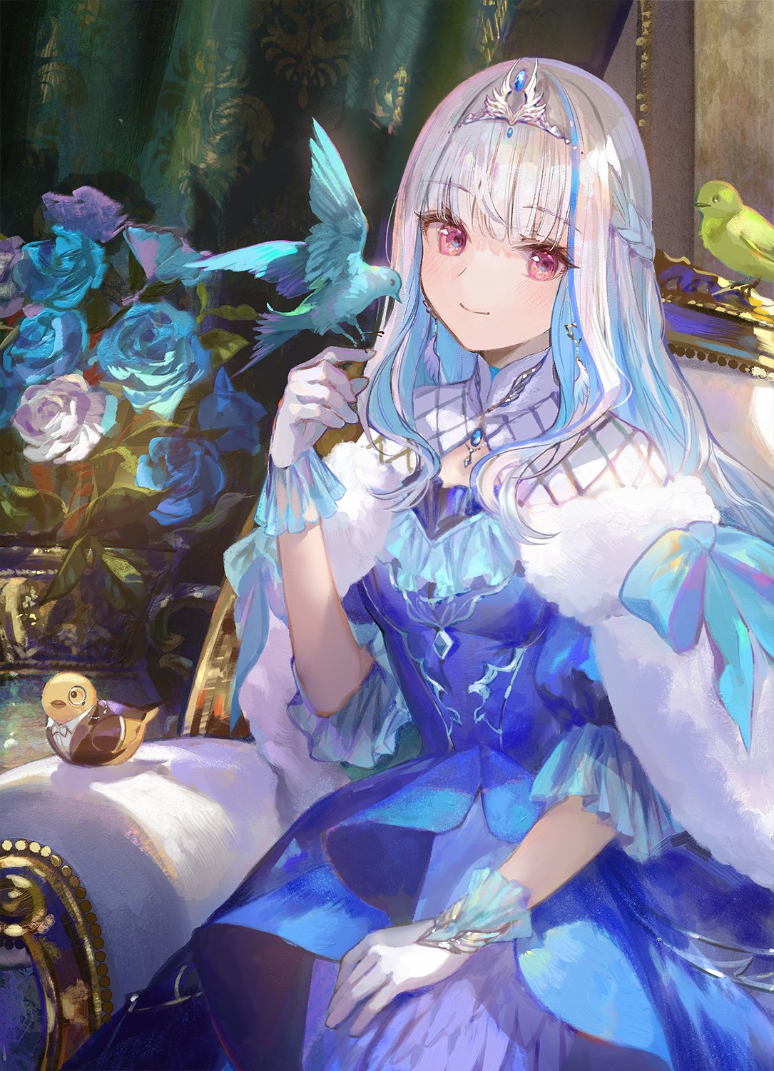 1girl aqua_hair bird blue_bird blue_bow blue_dress blue_flower blunt_bangs bow braid cape colored_inner_hair commentary couch curtains dress duck duckling flower frilled_gloves frilled_sleeves frills fur_cape fuzichoco gloves gown green_bird highres juliet_sleeves lize_helesta long_hair long_sleeves looking_at_viewer monocle multicolored_hair nijisanji on_couch puffy_sleeves purple_flower sebastian_piyodore short_sleeves sitting smile solo spread_wings streaked_hair symbol-only_commentary tiara violet_eyes virtual_youtuber white_cape white_flower white_gloves white_hair