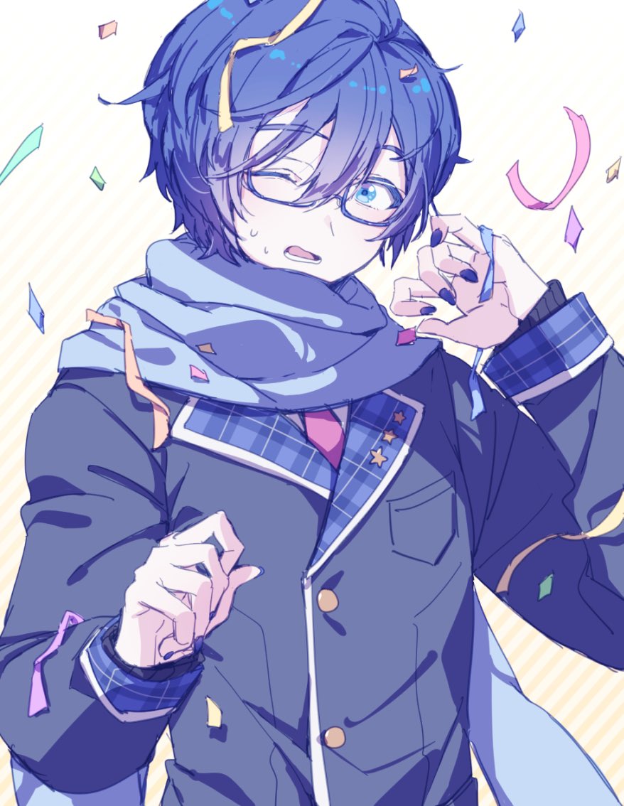 1boy a_m_m_a blue_eyes blue_hair blue_nails blue_scarf breast_pocket buttons commentary_request confetti glasses hair_between_eyes kaito_(vocaloid) lapels leo/need_(project_sekai) leo/need_kaito long_sleeves lower_teeth_only male_focus necktie one_eye_closed open_mouth pocket project_sekai red_necktie scarf school_uniform short_hair solo teeth upper_body