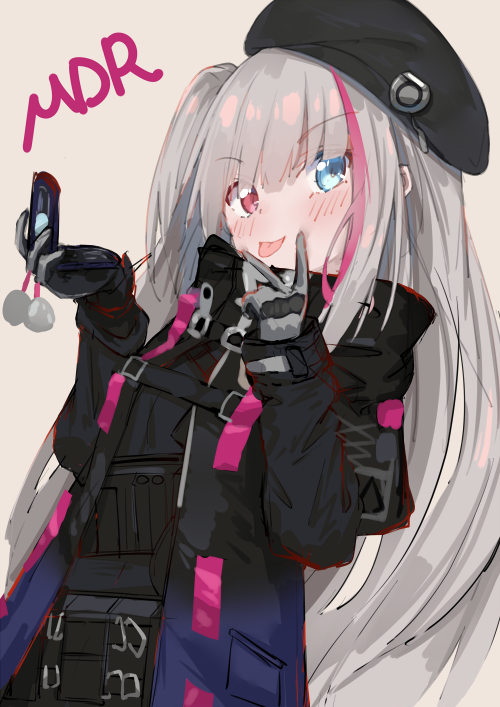 1girl :p beret black_headwear black_jacket blue_eyes blush cellphone character_name commentary_request cowboy_shot eip_(pepai) flip_phone girls_frontline gloves grey_hair hat heterochromia holding holding_phone jacket long_hair looking_at_viewer mdr_(girls'_frontline) multicolored_hair one_side_up phone pink_eyes pink_hair simple_background smile solo streaked_hair tongue tongue_out very_long_hair