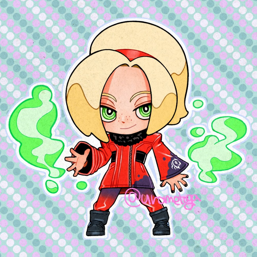 1boy androgynous ash_crimson black_nails blonde_hair chibi fire freckles full_body green_eyes hairband long_sleeves looking_at_viewer male_focus nail_polish pants pyrokinesis red_hairband red_pants short_hair smile snk standing the_king_of_fighters the_king_of_fighters_xv urometoga