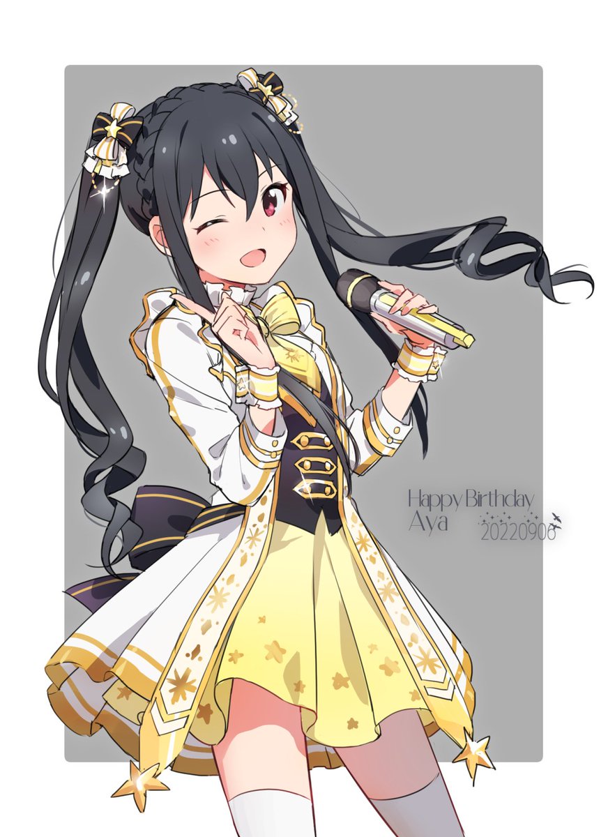 1girl aya_(idolmaster_starlit_season) black_hair black_ribbon blush braid character_name dot_nose dress frilled_dress frills grey_background grid_background hair_ribbon happy_birthday highres holding holding_microphone idolmaster idolmaster_starlit_season index_finger_raised knokzm long_hair long_sleeves looking_at_viewer microphone one_eye_closed red_eyes ribbon scrunchie solo thigh-highs twintails two-tone_background white_background white_thighhighs yellow_dress yellow_ribbon zettai_ryouiki