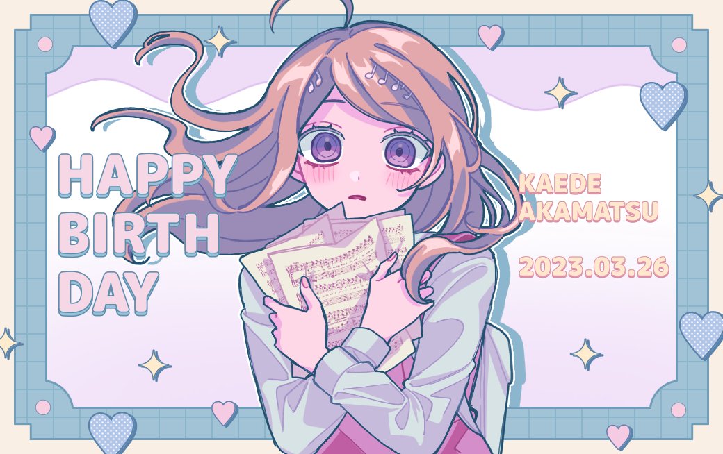 1girl ahoge akamatsu_kaede backpack bag blonde_hair blush character_name danganronpa_(series) danganronpa_v3:_killing_harmony dated hair_ornament hands_up happy_birthday heart holding holding_paper long_hair long_sleeves looking_at_viewer multicolored_background musical_note musical_note_hair_ornament object_hug open_mouth paper pink_sweater_vest pisapipi randoseru sheet_music shirt solo sweater_vest white_shirt