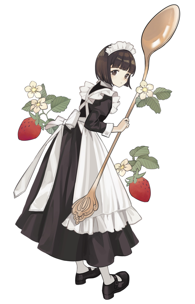 1girl apron artist_name black_dress black_footwear blunt_bangs blush bob_cut bow brown_eyes brown_hair closed_mouth dress expressionless flower food frilled_apron frills from_behind from_side fruit full_body holding holding_spoon juliet_sleeves kashiwagi_chisame leaf loafers long_dress long_sleeves looking_at_viewer looking_back looking_to_the_side maid maid_apron maid_headdress mary_janes original oversized_object pantyhose plant puffy_sleeves shoes short_hair simple_background socks solo spoon standing strawberry twitter_username watermark white_apron white_background white_bow white_flower white_pantyhose