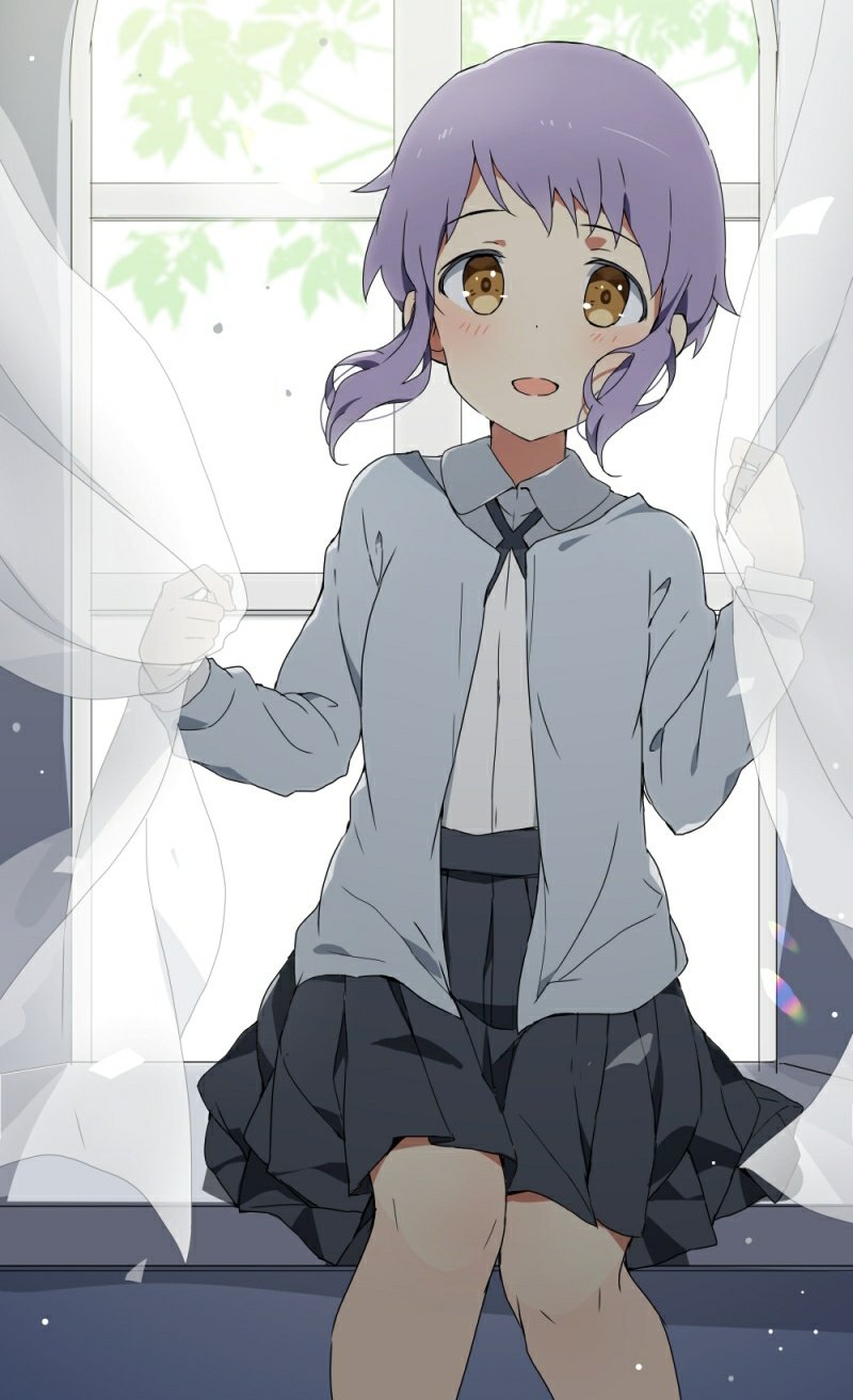 1girl black_skirt blush cardigan commentary_request curtains day dot_nose grey_cardigan hands_up highres holding idolmaster idolmaster_million_live! indoors leaf long_sleeves looking_at_viewer makabe_mizuki mochigome_(ununquadium) open_mouth pleated_skirt purple_hair see-through shirt short_hair sidelocks sitting skirt smile tree wavy_hair white_shirt wind wing_collar yellow_eyes