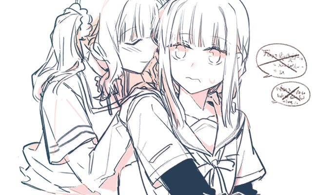 2girls archived_source bad_id bad_twitter_id blunt_bangs blush braid closed_eyes closed_mouth collared_shirt futaba_sana hair_ornament hair_scrunchie hand_on_another's_shoulder hatyo image_sample kamihama_university_affiliated_school_uniform layered_sleeves long_sleeves looking_at_viewer magia_record:_mahou_shoujo_madoka_magica_gaiden mahou_shoujo_madoka_magica medium_hair mizuna_girls'_academy_school_uniform monochrome multiple_girls neck_ribbon ribbon sailor_collar sailor_shirt school_uniform scrunchie serafuku shirt shirt_under_shirt short_over_long_sleeves short_sleeves side_braids sidelocks sketch smile solo speech_bubble tamaki_iroha twintails twitter_sample wavy_hair white_background