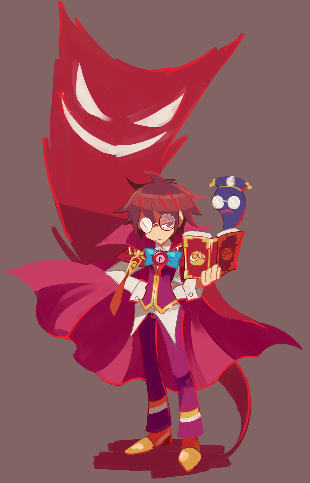 1boy blue_bow book bow bowtie brown_background cape clock collared_shirt dadadanoda expressionless full_body glasses hair_between_eyes hand_on_hip highres holding holding_book klug_(puyopuyo) long_sleeves male_focus messy_hair opaque_glasses partially_opaque_glasses puyopuyo red_cape red_eyes redhead round_eyewear shirt short_hair simple_background sleeve_cuffs solo standing strange_klug vest white_shirt