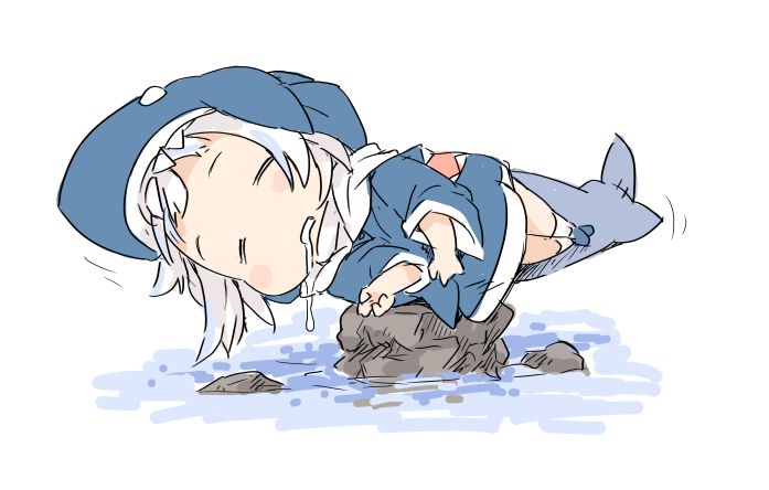 1girl animal_hood blue_footwear blue_hair blue_hoodie blue_tail chibi drooling fins fish_tail full_body gawr_gura ham_(points) hololive hololive_english hood hood_up hoodie light_blue_hair lying motion_lines multicolored_hair no_nose on_side rock saliva shark_hood shark_tail short_hair simple_background socks solo stitches streaked_hair tail two-tone_hair virtual_youtuber water white_background white_hair white_socks