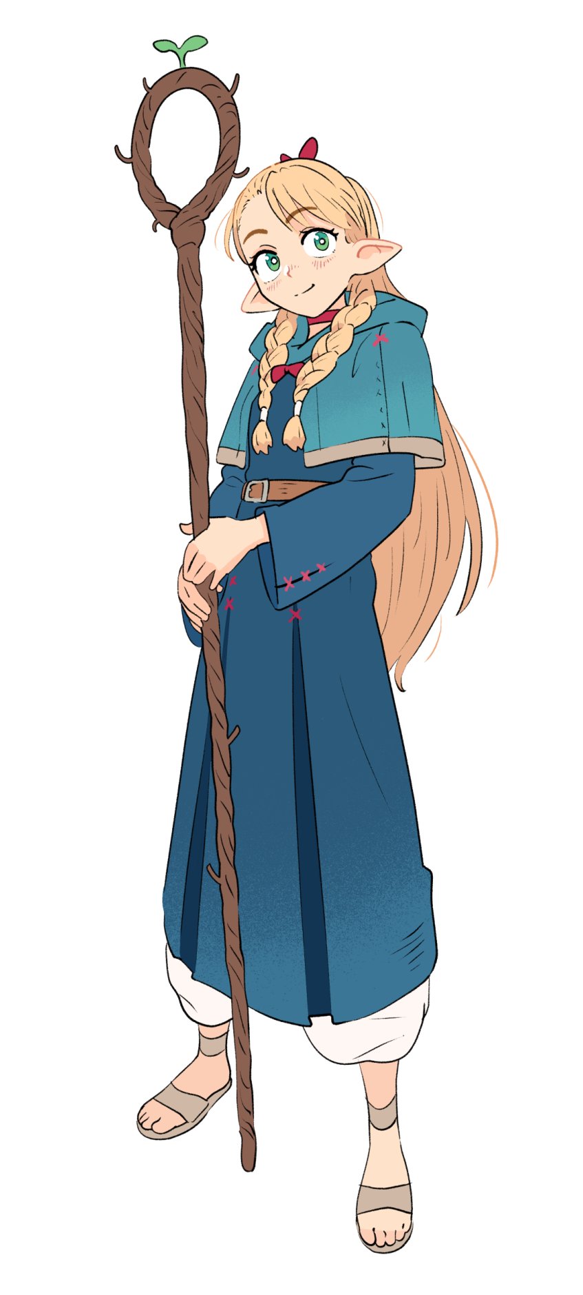 1girl asymmetrical_bangs belt blonde_hair blue_capelet blue_hood blue_robe braid brown_belt capelet closed_mouth dungeon_meshi elf full_body green_eyes hair_over_shoulder highres holding holding_staff kevin_hong long_hair long_sleeves looking_at_viewer marcille pointy_ears robe sandals simple_background smile solo staff standing twin_braids white_background