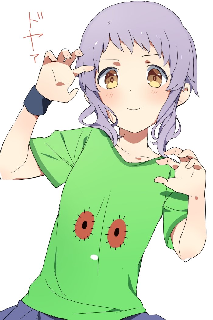 1girl blue_skirt blush chupacabra_(idolmaster) claw_pose collarbone commentary_request flat_chest green_shirt hands_up idolmaster idolmaster_million_live! idolmaster_million_live!_theater_days looking_at_viewer makabe_mizuki mochigome_(ununquadium) print_shirt purple_hair shirt short_hair short_sleeves sidelocks skirt smile solo t-shirt upper_body v-shaped_eyebrows wavy_hair white_background wristband yellow_eyes