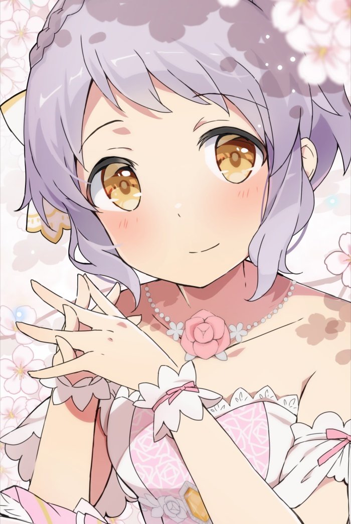 1girl bare_shoulders blush braid breasts cherry_blossoms collarbone commentary detached_sleeves dot_nose dress floral_background floral_print flower flower_necklace gem hair_ribbon hands_up idolmaster idolmaster_million_live! interlocked_fingers lace-trimmed_dress lace_trim looking_at_viewer makabe_mizuki mochigome_(ununquadium) pink_background pink_dress print_dress purple_hair ribbon rose_print shadow short_hair sidelocks small_breasts smile solo wavy_hair wrist_cuffs yellow_eyes