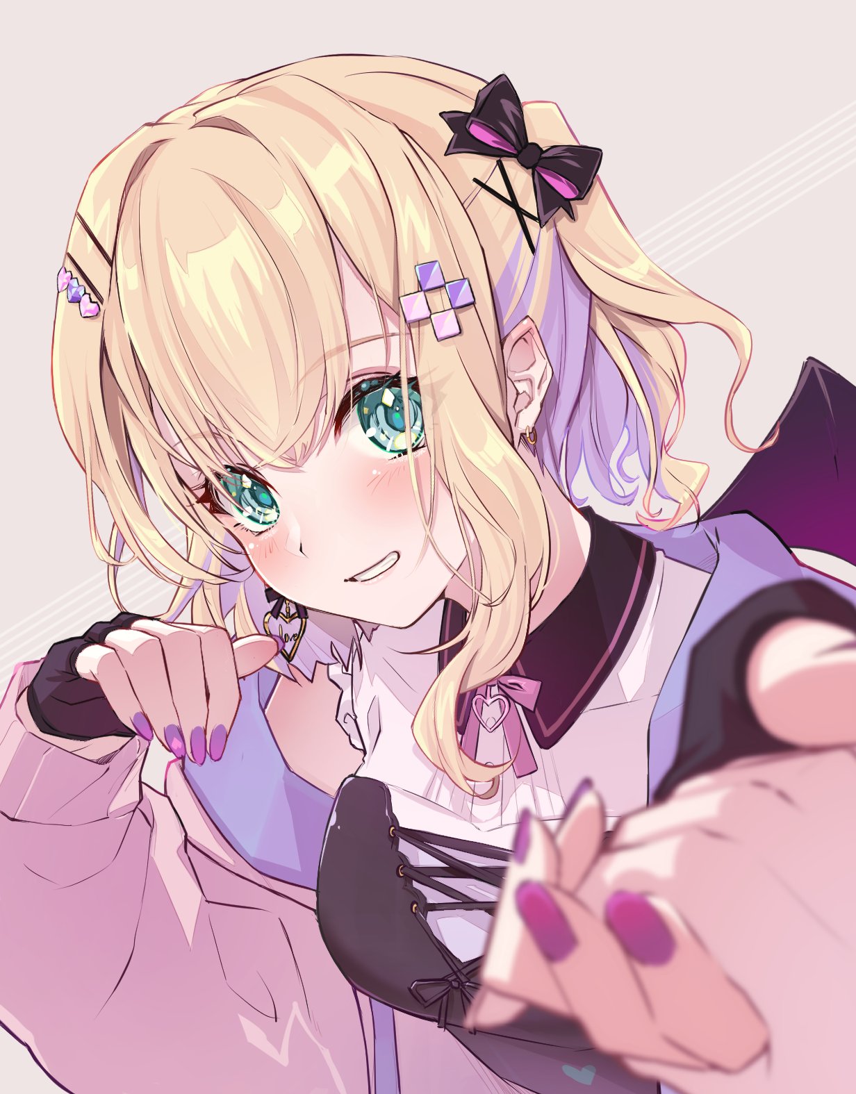 1girl 1other black_gloves blonde_hair bow fingerless_gloves gloves green_eyes hair_bow highres holding_hands iris_black_games jacket kurumi_noah long_hair long_sleeves looking_at_viewer pov purple_nails ruo smile virtual_youtuber vspo!