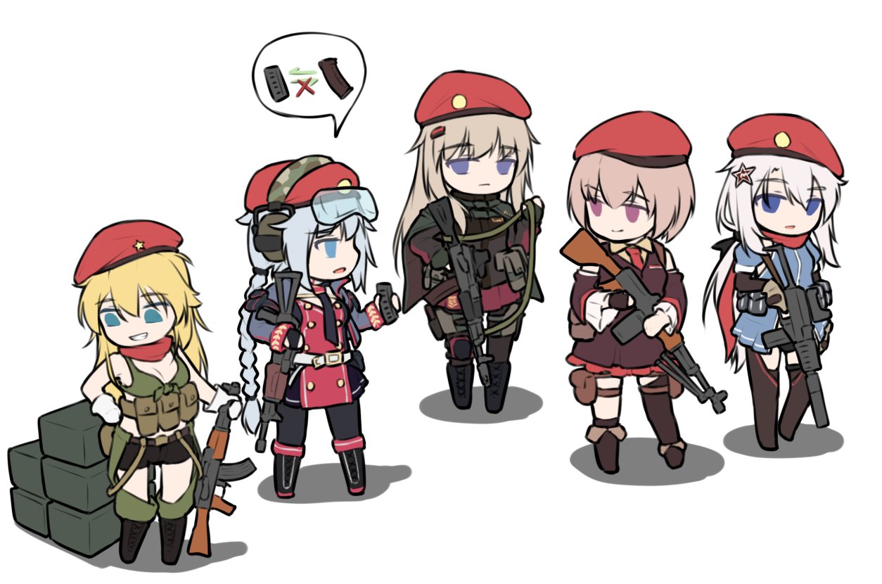 5girls 9a-91 9a-91_(girls'_frontline) ak-47 ak-47_(girls'_frontline) ak-74m ak74m_(girls'_frontline) armedshipyard assault_rifle beret blonde_hair blue_eyes boots braid brown_hair cape chibi dress ear_protection full_body girls_frontline gloves goggles goggles_on_head grey_hair grin gun hair_ornament hat holding holding_gun holding_weapon kalashnikov_rifle long_hair machine_gun multiple_girls necktie ots-12 ots-12_(girls'_frontline) pantyhose red_headwear red_scarf rifle rpd rpd_(girls'_frontline) scarf short_hair shorts simple_background sling smile spoken_symbol star_(symbol) star_hair_ornament thigh-highs violet_eyes weapon white_background