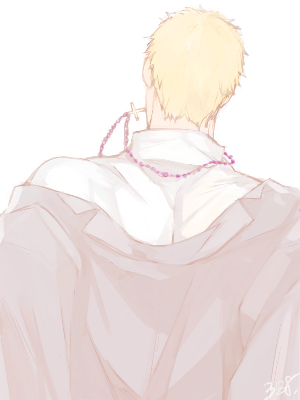 1boy alternate_costume back back_focus blonde_hair collared_shirt cross cross_necklace from_behind jewelry kyosuke male_focus muted_color necklace necklace_in_mouth open_clothes open_shirt priest reiner_braun shingeki_no_kyojin shirt short_hair solo undressing white_background