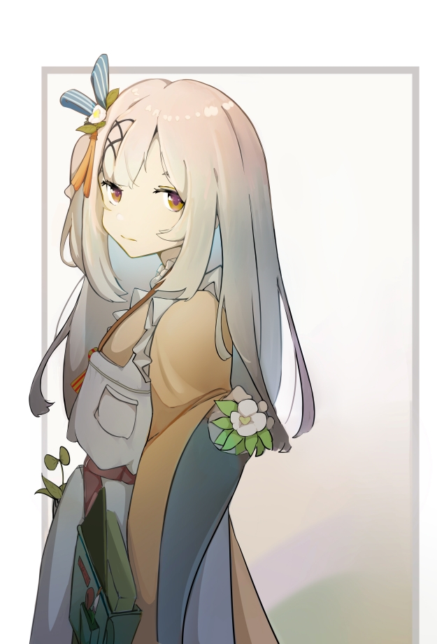1girl apron brown_eyes cowboy_shot expressionless flower from_side girls'_frontline_neural_cloud girls_frontline grey_hair hair_flower hair_ornament holding holding_flower japanese_clothes looking_at_viewer sakuya_(girls'_frontline_nc) solo white_apron white_flower wide_sleeves wo_zi_xixiang