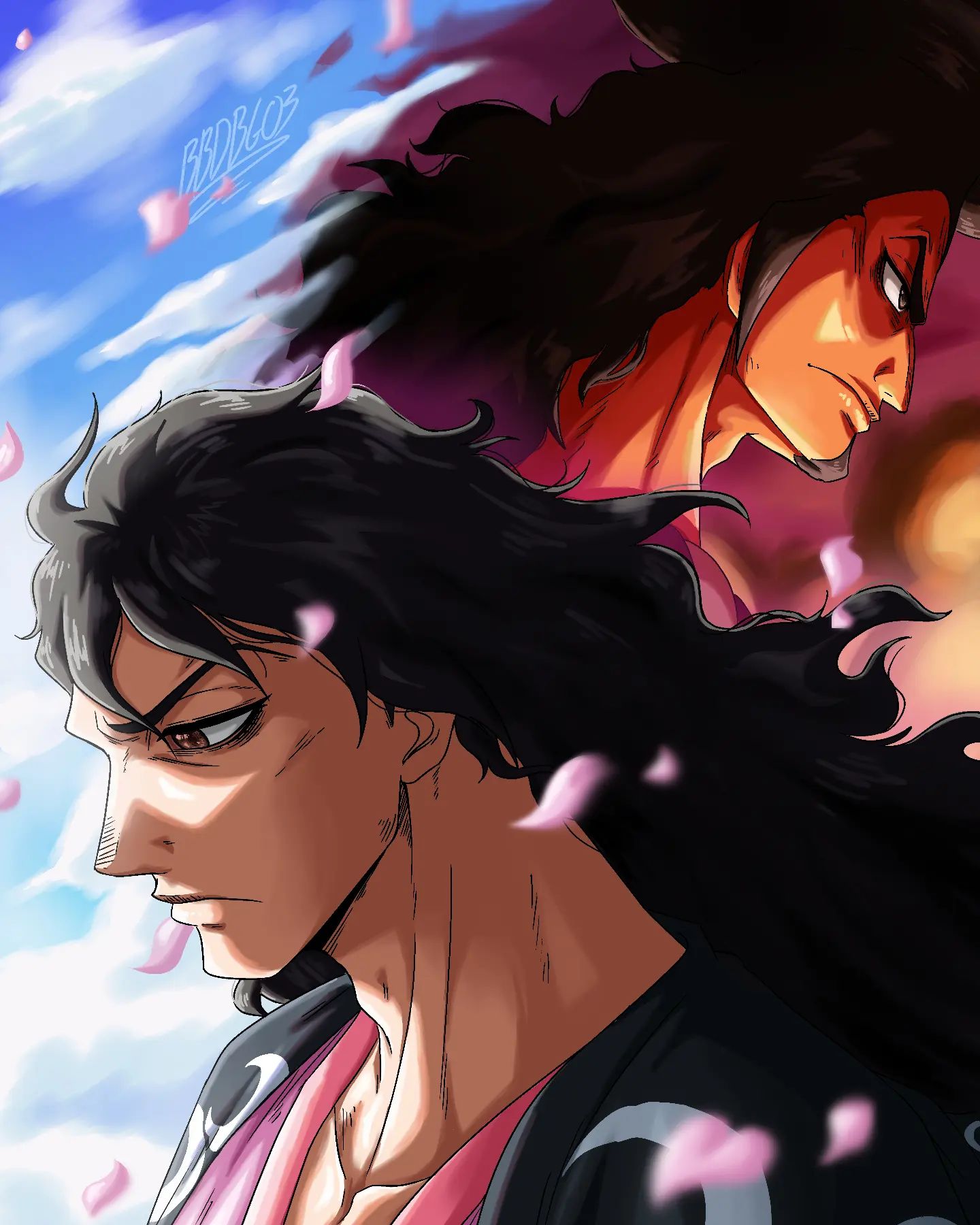 2boys artist_name bbdbg03 black_hair closed_mouth family father_and_son highres instagram japanese_clothes kouzuki_oden long_hair momonosuke_(one_piece) multiple_boys one_piece signature