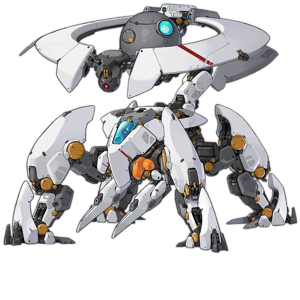 arm_cannon armor artist_request blue_eyes core dual_arm_cannons extra_eyes full_body gebbennu_(girls'_frontline) girls_frontline halo mecha mechanical_arms mechanical_halo mechanical_legs no_humans non-humanoid_robot official_art paradeus red_eyes robot simple_background transparent_background weapon white_armor